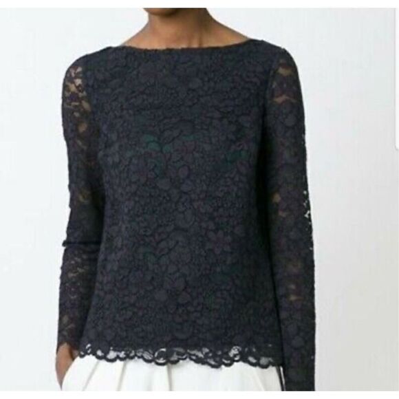 Tory Burch Dressy Black Long Sleeved Lace Blouse Sheer Sleeves STUNNING Sz 0 - Picture 1 of 11